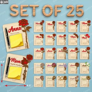 Puede incluir: Un conjunto de 25 blocs de notas de madera con detalles florales. Cada bloc de notas presenta una flor decorativa, una nota adhesiva amarilla y un bolígrafo. Los blocs de notas miden 16 cm de ancho y 22,4 cm de alto. El conjunto incluye blocs con los nombres "Anna", "Mom" y "Sophia".