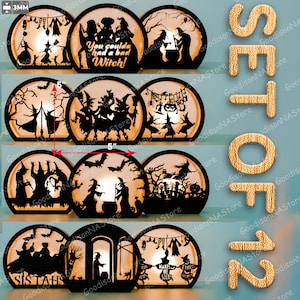 Hokus Pokus Laterne SVG Bundle, 3D-Halloween-Hexenszene 12er-Set, geschichteter runder Kerzenhalter für gruseligen Herbst-Laserschnitt-Dekor / G271