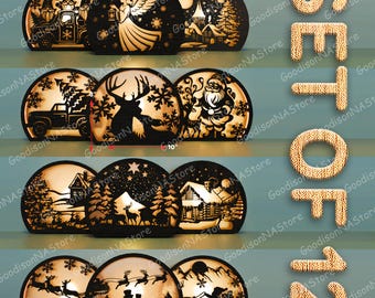 Juego de farolillos navideños, decoración de caja de luz con belén en capas, escena festiva con siluetas de renos, luz nocturna de pueblo invernal, regalo de Navidad /G445