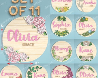 Juego de 11 letreros florales con nombre para guardería SVG, letrero redondo personalizado para puerta de niña, decoración de pared de madera con flores en capas 3D /G566