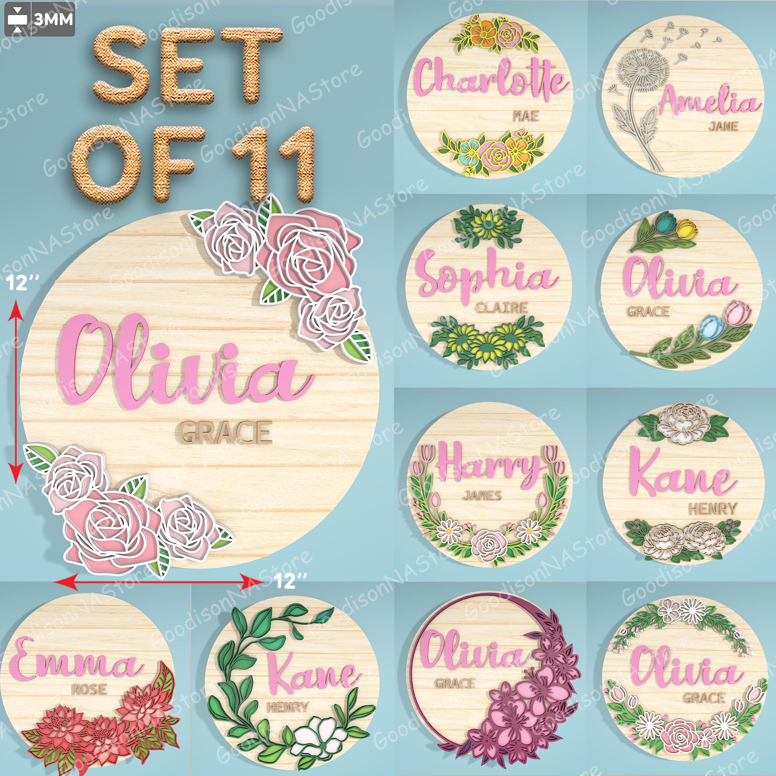 Floral Nursery Name Sign SVG Bundle Set of 11, Personalized Round Baby ...
