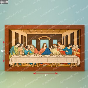 May include: A wooden wall art piece depicting the Last Supper scene. The artwork is 12 inches tall and 7 inches wide, framed in a dark brown wood. The figures are in various colors, with Jesus in a blue robe. The piece is a religious home decor item.