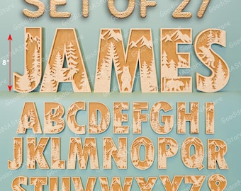 Paquete de 27 diseños de letras del alfabeto del bosque en SVG, letras de animales del bosque en capas para guardería, letrero con nombre de árbol de montaña en 3D, decoración /G545