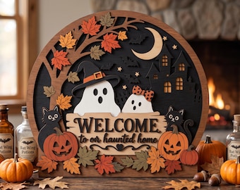 Halloween Welcome Door Hanger SVG, Ghost Family Round Sign, Haunted House Layered Wood Laser Cut File, Digital Download /D111