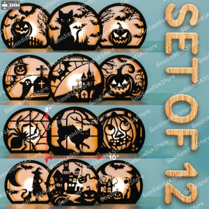 Halloween Lantern SVG Set of 12, Spooky Pumpkin Ghost Haunted House Silhouette, Laser Cut Files for Fall Table Night Light Decor /G270