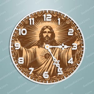 May include: A round wooden clock featuring an image of Jesus Christ with outstretched arms. The clock face has white numerals and hands, with a detailed wood-grain background. The clock's design includes a white outer ring and a central image of Jesus.