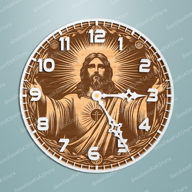 May include: A round wooden clock featuring an image of Jesus Christ with outstretched arms. The clock face has white numerals and hands, with a detailed wood-grain background. The clock's design includes a white outer ring and a central image of Jesus.