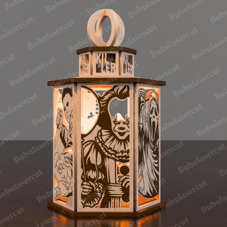 May include: A wooden Halloween lantern featuring laser-cut images of horror movie characters. The lantern has an octagonal shape with a handle and the word "KILLER" cut into the top. The sides display images of a clown, a masked killer, and a ghost.