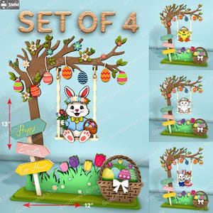 May include: A set of four Easter-themed wooden decorations. The main piece features a tree with hanging Easter eggs, a bunny on a swing, and signs that read "Happy", "Easter", and "Egg Hunt". The base is 12 inches wide and 13 inches tall.