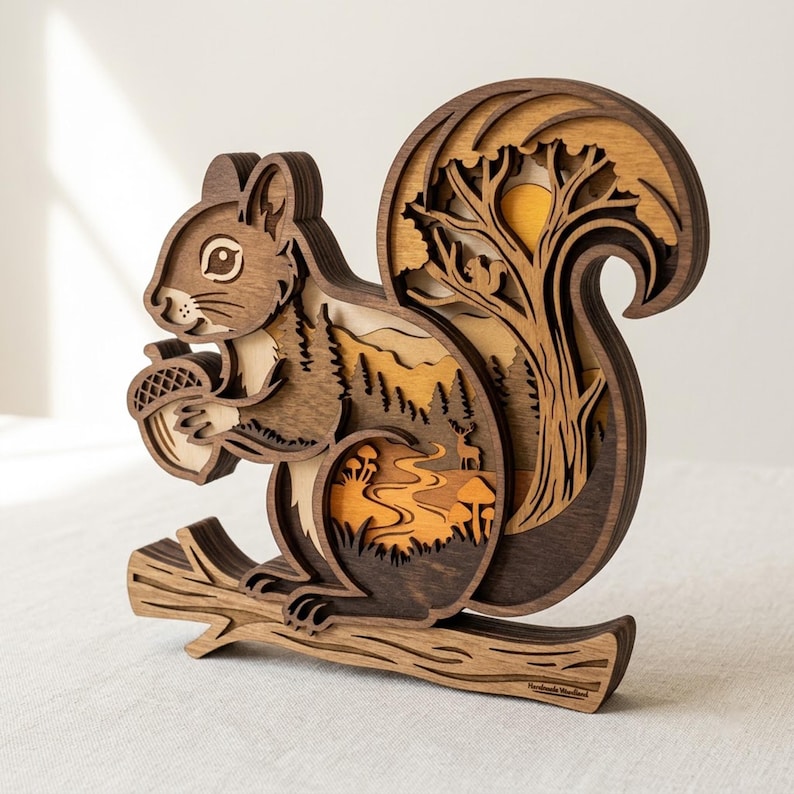 May include: A multi-layered wooden squirrel sculpture featuring a dark brown squirrel holding an acorn while perched on a branch. The interior cutout reveals a forest scene with trees, a deer, mushrooms, and a sun in shades of tan and orange.