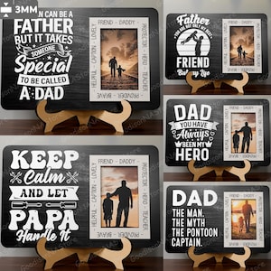 Pacote de molduras para fotos do Dia dos Pais SVG, 6 designs de placas de madeira cortadas a laser com citações do pai, display de presente com inserção de imagem para decoração rústica /G079