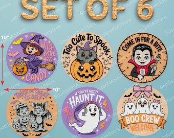 Cute Halloween Door Sign SVG Bundle of 6, Funny Halloween Kids Ghost Cat Witch Round Cut Files for Laser Cutting and Door Hanger Decor /G267