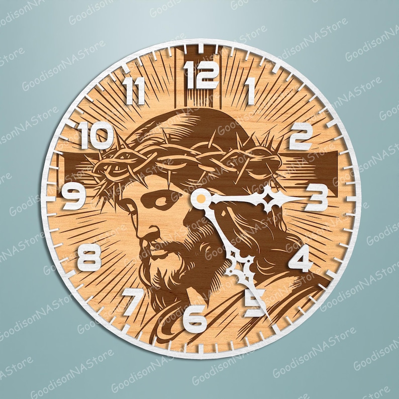 May include: A round wooden clock featuring a detailed image of Jesus Christ with a crown of thorns. The clock face has white numerals and hands, with a white border. The background has a wood grain texture.