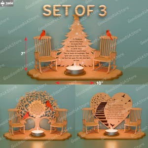 May include: A set of three wooden Christmas decorations. Each features two rocking chairs, a candle holder, and a central design: a Christmas tree, a tree, and a heart. The set is 10 inches wide and 7 inches tall. Includes text.