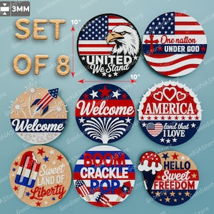 Paquete de letreros patrióticos SVG, 8 diseños redondos 3D para colgar en la puerta cortados con láser, letrero de bienvenida del 4 de julio, decoración del Día de los Caídos /G260