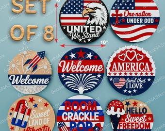 Patriotisk SVG-skyltpaket, 8 runda 3D-dörrhängardesigner för laserskärning, fjärde juli, USA-välkomstskylt, Memorial Day-dekor /G260
