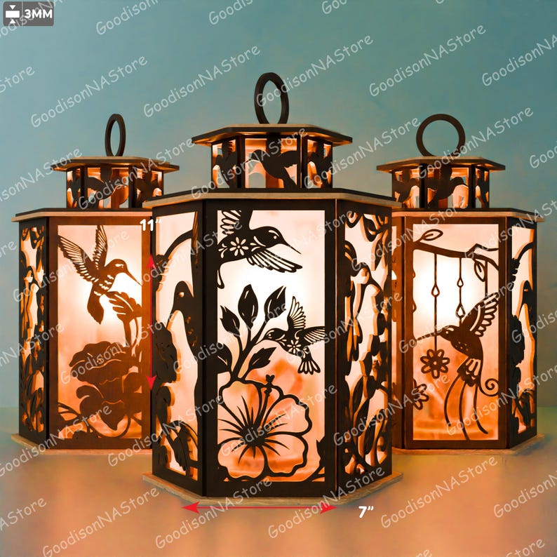 Juego de 3 faroles de colibrí con forma de caja de luz, decoración floral de madera cortada a láser, lámpara con silueta natural para decoración del hogar de verano y primavera /G312