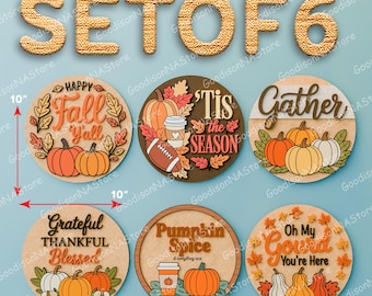 Herfstdeurhanger SVG-bundel, set van 6 ronde herfstborden met pompoenkruid, dankbare zegeningen, Thanksgiving lasergesneden bestanden/G290