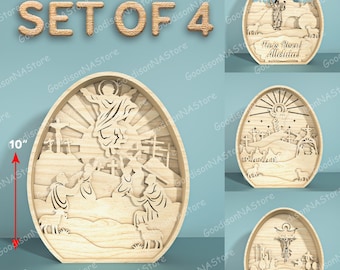 May include: Set of 4 wooden Easter egg-shaped religious decorations. Each piece is laser-cut with a different scene, including the resurrection and crucifixion. The largest piece measures 10 inches high and 8.5 inches wide.