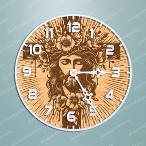 May include: A round wooden clock with a white border. The clock face features a detailed illustration of a religious figure with a floral crown and a cross. The clock hands are white.