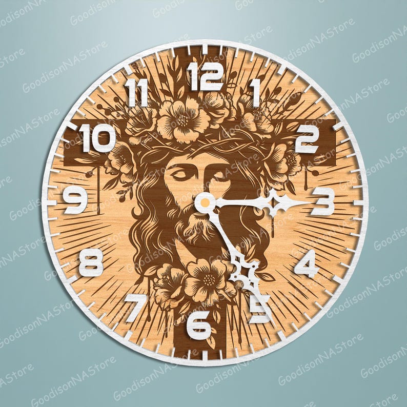 May include: A round wooden clock with a white border. The clock face features a detailed illustration of a religious figure with a floral crown and a cross. The clock hands are white.