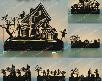 Halloween Candle Holder SVG Bundle, Haunted House Lantern Set, Spooky Laser Cut Wood Decor for Tabletop Display and Fall Centerpiece /G276