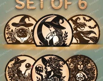 May include: Set of six wooden witch-themed decorative lights. Each light features a unique silhouette design, including witches, bats, and roses. The lights are approximately 10 inches wide and 8 inches tall, perfect for Halloween decor.