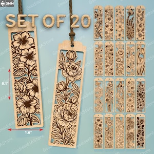 May include: Set of 20 wooden bookmarks with floral designs. Each bookmark is 6.1 inches long and 1.6 inches wide. The bookmarks feature laser-cut floral patterns, including flowers, butterflies, and leaves. The text "SET OF 20" is visible.