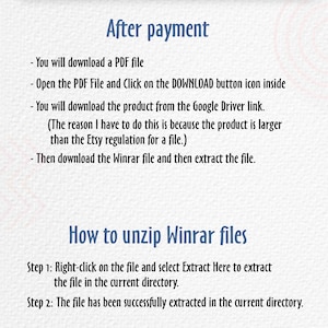 May include: A guide with instructions on how to download and unzip a product's SVG file after purchase. The text explains the steps to download a PDF, access a Google Drive link, and extract a Winrar file.