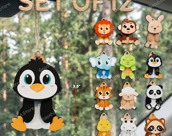 Cute Animal Car Hanging Ornament Bundle, Kawaii Safari Animals Decor, Baby Nursery Gift, Dangling Leg Wooden Charm Set /G646