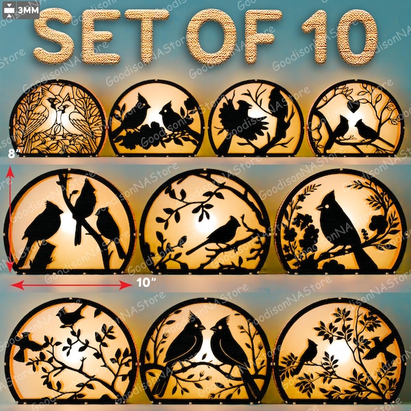 Kardinaalvogels ronde lantaarnbundel, 3D gelaagde lichtbak set van 10, wintervogel silhouet decor voor lasergesneden vakantiecadeaus /G355