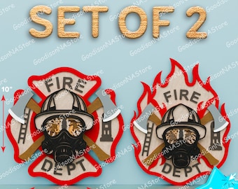 Firefighter Badge SVG Bundle, 3D Layered Fire Dept Sign with Helmet and Axe, Firefighter Wall Decor Laser Cut Files /G263