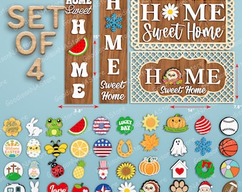 Paquete de archivos SVG intercambiables para letreros de hogar, letrero de bienvenida de temporada para la puerta, decoración de porche estilo granja, iconos para insertar en días festivos, archivos de corte láser /G581