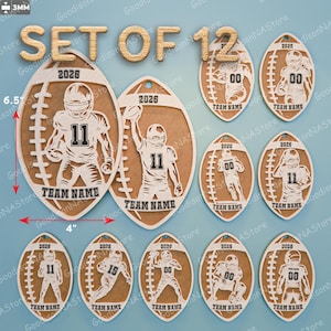 May include: Set of 12 football-shaped ornaments. Each ornament is approximately 4 inches wide and 6.5 inches tall. The ornaments feature a football player design with the year 2026 and space for a team name. Made of light brown material.