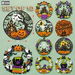 Op de afbeelding: Een set van 10 ronde Halloween-wanddecoraties van hout, elk 12 inch in diameter en 3 mm dik. De ontwerpen bevatten spookhuizen, pompoenen, geesten, schedels, ketels en teksten zoals Happy Halloween, Spells, Magic en Potions.