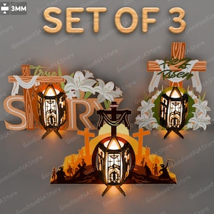 Ele ressuscitou Cena Lanterna Arquivo de corte a laser | Decoração de vela de Páscoa Porta-vela de Páscoa Feliz Páscoa Cristo ressuscitou História de Páscoa Jesus /G036
