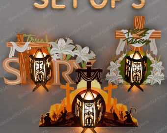 Lanterna con scena di Risorto, file tagliato al laser / Decorazione per candela di Pasqua, portacandele di Pasqua, Buona Pasqua, Cristo Risorto, storia di Pasqua, Gesù /G036