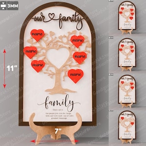 Letrero de árbol genealógico con forma de corazón SVG: archivo personalizable cortado a láser en capas con nombres, regalo del Día de la Madre, plantilla de letrero de madera para nuestra familia /G053