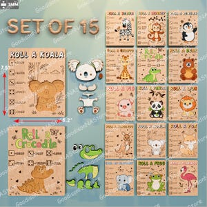 Pode incluir: Um conjunto de 15 quebra-cabeças de madeira com vários animais, incluindo uma zebra, um macaco, um pinguim, um coala e um crocodilo. Cada quebra-cabeça tem aproximadamente 15.7 cm de largura e 19.1 cm de altura, com peças individuais de animais. O texto "SET OF 15" é visível.