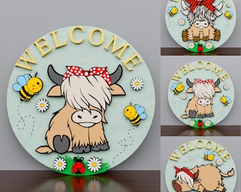 Highland Cow Door Hanger svg, Highland Cow Door Sign, Farmhouse Welcome Sign, Bandana Highland Cow Svg, Cow Door Sign, Welcome Sign Svg/P132