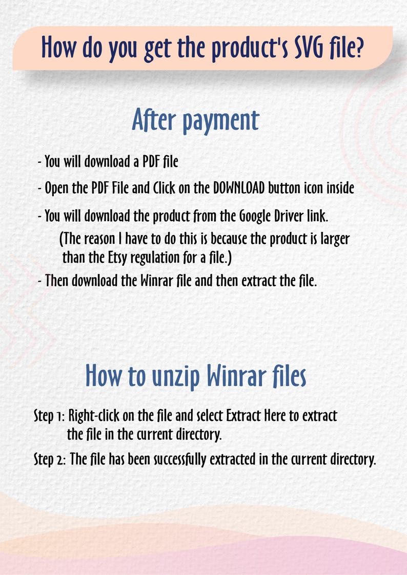 May include: A digital guide with instructions on how to download and unzip SVG files after purchase. The guide includes steps for downloading a PDF, accessing a Google Drive link, and extracting Winrar files. Text on a white background.