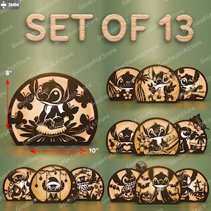May include: A set of 13 decorative wooden lamps featuring the character Stitch from Lilo & Stitch. Each lamp is a semi-circle shape, approximately 10 inches wide and 8 inches tall, with a unique design. The text "SET OF 13" is at the top.