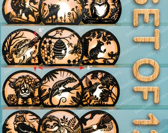 Forest Animal Lantern SVG Set of 12, Wildlife Layered Light Box for Laser Cutting, Deer Owl Fox Sloth Jungle Night Decor /G266