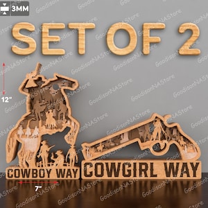 Archivo de corte láser multicapa de vaquero, SVG de vaquero occidental, escena de vaquero, vaquera occidental, caballo vaquero, chica campestre multicapa occidental /P553