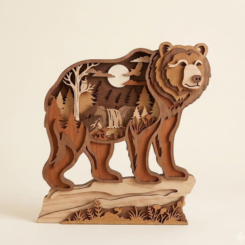May include: A multi-layered wooden bear sculpture featuring a cutout forest scene. The interior depicts a waterfall, pine trees, a moon, and an owl. The bear is constructed from various shades of brown wood, showcasing a detailed silhouette.
