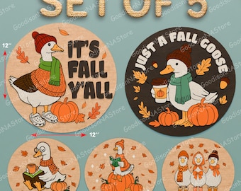 Fall Goose Sign SVG Bundle, Autumn Farmhouse Round Sign, Cute Pumpkin Coffee Goose Fall Decor, Hello Fall Laser Cut, Welcome Fall Sign /G385