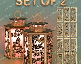 Juego de 2 faroles SVG de otoño, decoración de calabaza con temática de otoño, caja de luz cortada a láser con hojas de otoño, decoración rústica de madera para Acción de Gracias /G377