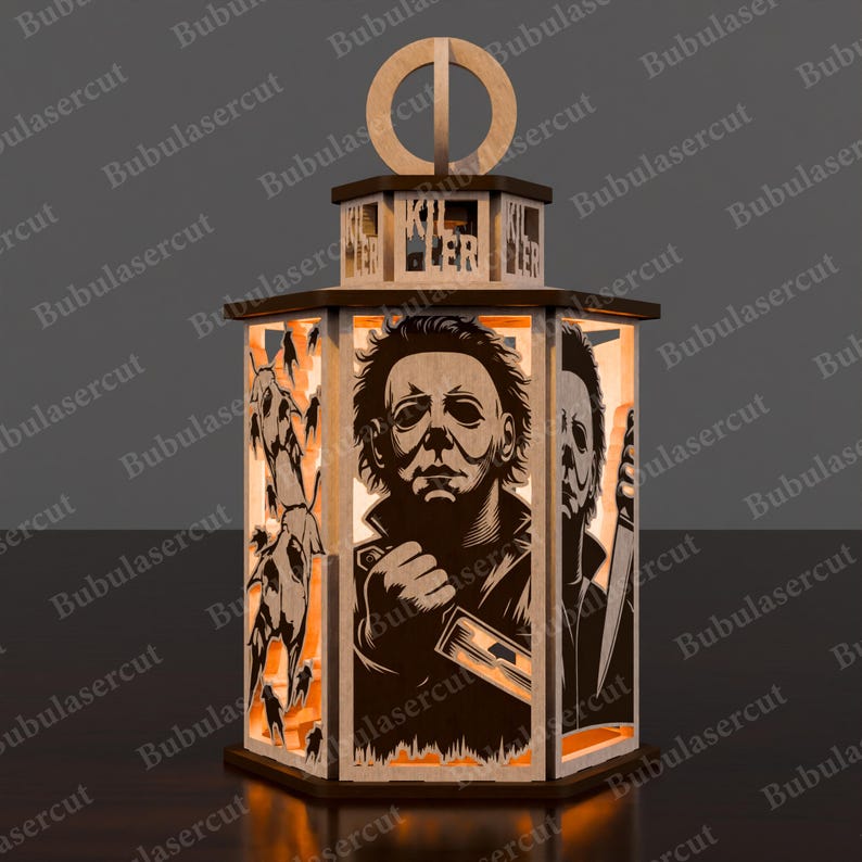 May include: A wooden Halloween lantern featuring laser-cut images of Michael Myers and other horror-themed figures. The lantern has a hexagonal base and a decorative top with the word "KILLER" cut out. The design includes orange and brown tones.