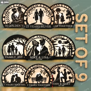 May include: A set of nine laser-cut wooden anniversary and family signs. Each sign features silhouettes of couples or families, with text indicating years together or wedding dates. The signs are approximately 10 inches wide and 8 inches tall.
