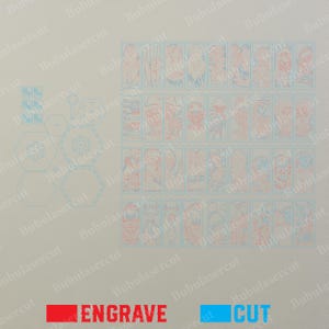 May include: A laser-cut design layout with multiple rectangular and hexagonal shapes. The design includes detailed illustrations of faces and figures, with red lines indicating engraving and blue lines for cutting. The word "ENGRAVE" is in red, and "CUT" is in blue.